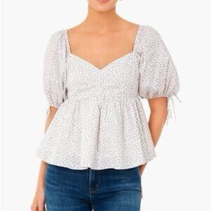 White Smocked Peplum Puff Sleeve Blouse
